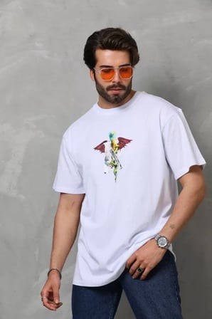 Baskılı Unisex Günlük Stil Beyaz Nordik Desen Pamuklu Oversize Tişört