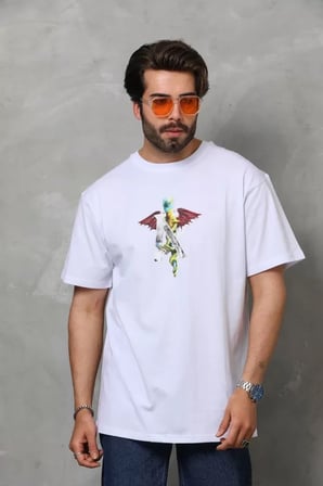 Baskılı Unisex Günlük Stil Beyaz Nordik Desen Pamuklu Oversize Tişört