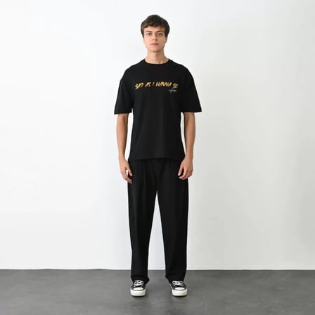 Sanatsal Baskılı Unisex Siyah Noir Serisi Oversize Tişört