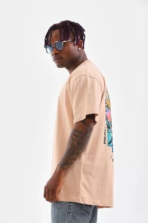Baskılı Unisex Günlük Stil Kum Beji Etnik Motif Oversize Tişört