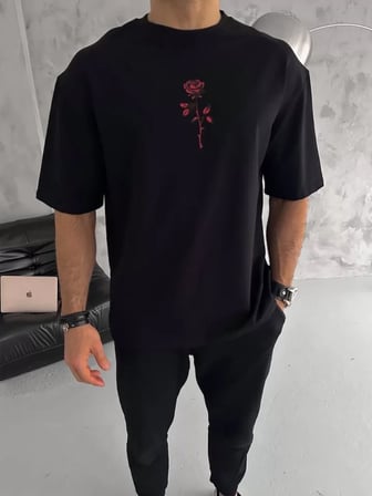 Baskılı Unisex Günlük Stil Siyah İmza Tasarım Bol Kesim Tişört