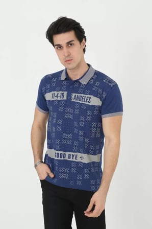 Baskı Detaylı Erkek Fit Duruş Grafik Mavi Slim Fit Pamuklu Tişört
