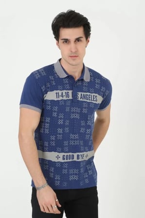 Baskı Detaylı Erkek Fit Duruş Grafik Mavi Slim Fit Pamuklu Tişört
