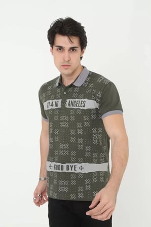 Baskı Detaylı Erkek Fit Duruş Grafik Haki Yeşil Slim Fit Pamuklu Tişört