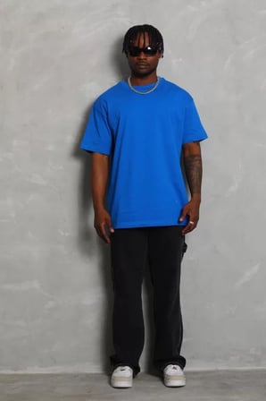 Düz Dokulu Unisex Salaş Stil Deniz Mavisi Oversize Bisiklet Yaka Tişört