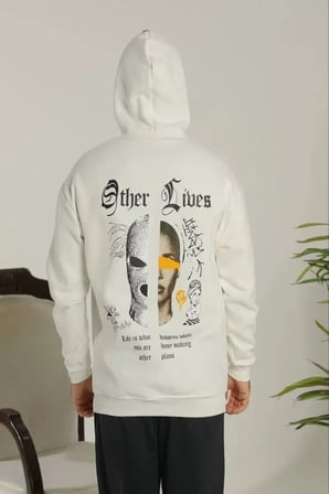 Üç İplik Şardonlu Erkek Sıcak Tutan Beyaz Sırt Baskılı Kapüşonlu Sweatshirt