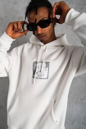 Çift Yönlü Ön Arka Baskılı Erkek Günlük Stil Beyaz Kapüşonlu Sweatshirt
