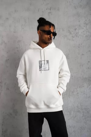 Çift Yönlü Ön Arka Baskılı Erkek Günlük Stil Beyaz Kapüşonlu Sweatshirt