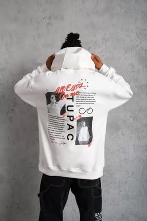 Çift Yönlü Ön Arka Baskılı Erkek Günlük Stil Beyaz Kapüşonlu Sweatshirt