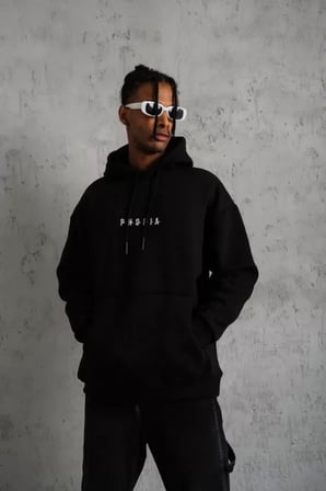 Astronot İllüstrasyon Baskılı Erkek Siyah Kapüşonlu Sweatshirt