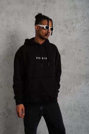 Astronot İllüstrasyon Baskılı Erkek Siyah Kapüşonlu Sweatshirt