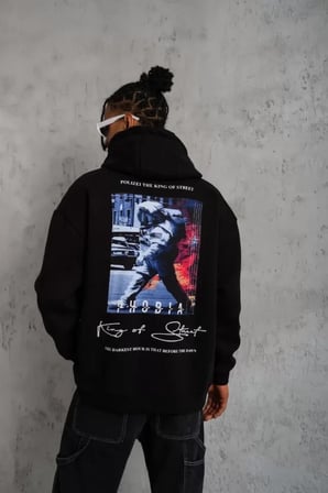 Astronot İllüstrasyon Baskılı Erkek Siyah Kapüşonlu Sweatshirt