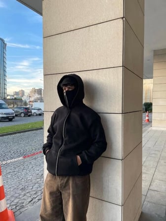 Erkek Asimetrik Fermuarlı Siyah Samuray Ninja Kapüşonlu Hoodie