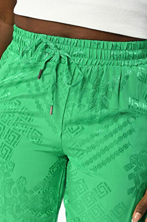 KADIN BELİ LASTİKLİ RAHAT KALIP DESENLİ YEŞİL PANTOLON
