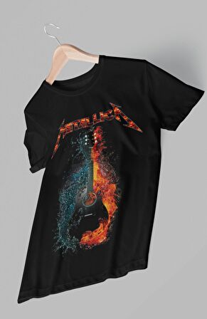 Unisex Oversize Gitarlı Metallica Baskılı Tişört, Rock-Metal Temalı T-Shirt