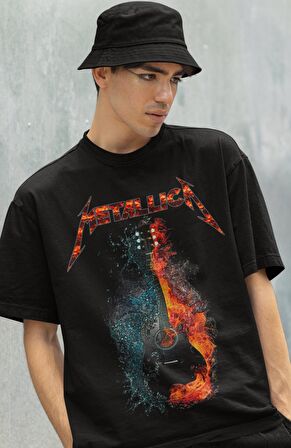 Unisex Oversize Gitarlı Metallica Baskılı Tişört, Rock-Metal Temalı T-Shirt