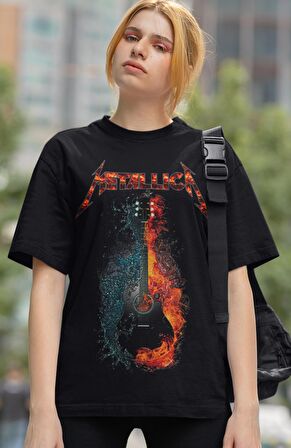 Unisex Oversize Gitarlı Metallica Baskılı Tişört, Rock-Metal Temalı T-Shirt