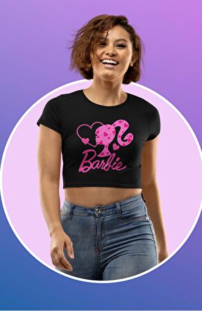 Kalpli Barbie Baskılı Crop Top, Kadın Pembe Barbie Bebek Crop Bluz