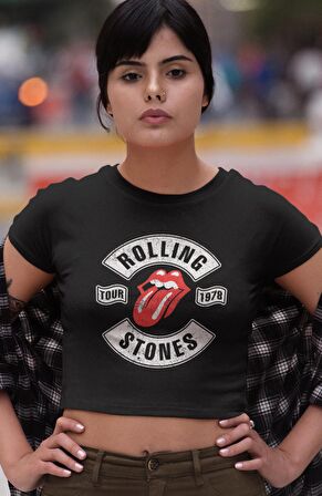 The Rolling Stones Baskılı Crop Top, Kadın Rock Temalı Crop Bluz