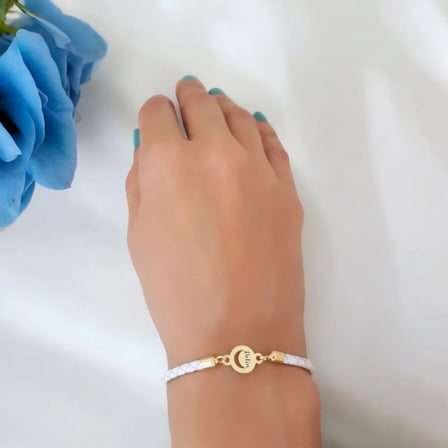 14 Ayar Altın Plakalı Pelin İsmine Özel Doğal Beyaz Derili Ay Motifli Hediye Bileklik-477