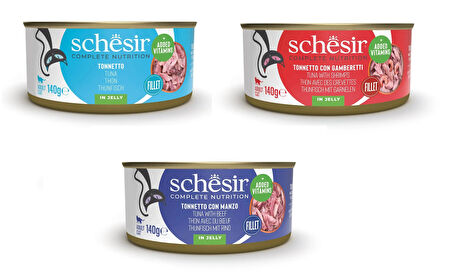 Schesir 3 Çeşit Karma Tam ve Dengeli Kedi Konserve Jöleli 140 Gr. X 3 Adet