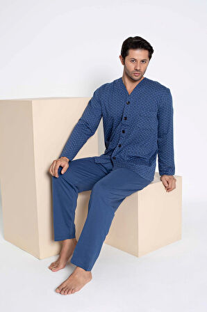 Erkek V Yaka Öden Düğmeli Göğüs Cepli %100 Pamuk Uzun Kol Cepli Pijama Takımı-Dede Hastane Pijaması