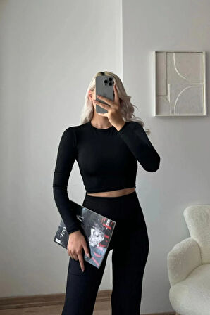 Sırt Dekolte Scuba Kumaş Bisiklet Yaka Basic Crop Bluz