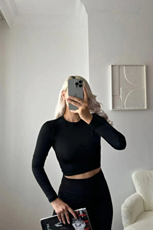 Sırt Dekolte Scuba Kumaş Bisiklet Yaka Basic Crop Bluz