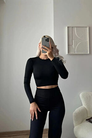 Sırt Dekolte Scuba Kumaş Bisiklet Yaka Basic Crop Bluz