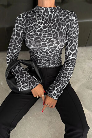 Leopar Desenli Drape Detaylı Uzun Kol Bluz