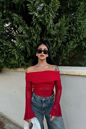 Madonna Yaka Tül Detay İspanyol Kol Şifon Crop Bluz