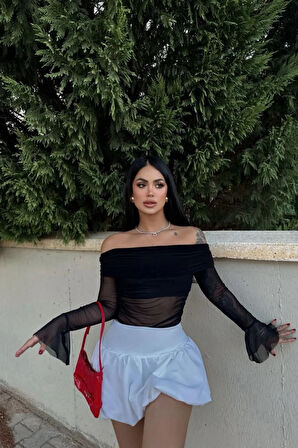 Madonna Yaka Tül Detay İspanyol Kol Şifon Crop Bluz
