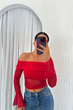 Madonna Yaka Tül Detay Straplez Crop Bluz