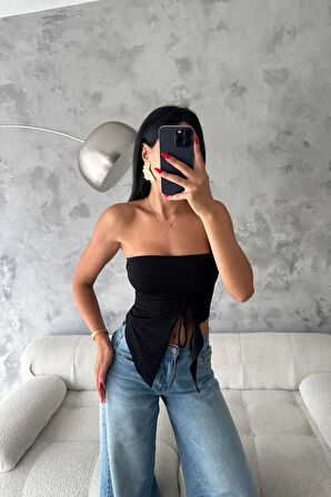 Straplez Ön Büzgülü Sandy Kumaş Bluz Siyah