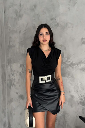 Siyah Sandy Degaje Yaka Vatkalı Bluz