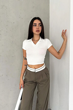 Polo Yaka Kısa Kollu Crop Bluz