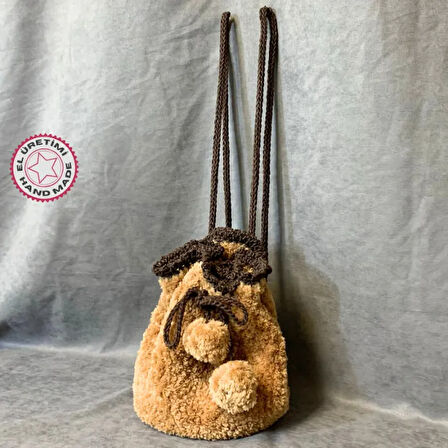Uretti - Saime 7243 - El Yapımı Büzgülü Kahverengi Peluş Sırt Çanta
