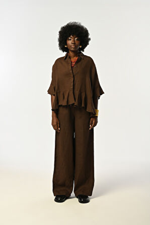 KADIN %100 KETEN ALTI VE KOLLARI FIRFIRLI KAHVERENGİ GÖMLEK