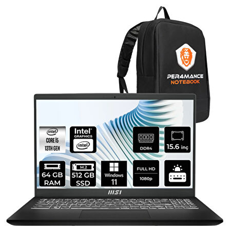 MSI Modern 15 H i5 13420H 64GB 512GB SSD 15.6" FHD W11H Taşınabilir Bilgisayar & ÇANTA