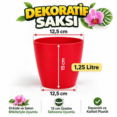 Dekoratif Saksı 12.5 cm | Canlı Kırmızı Renk | 1.25 Lt | Orkide ve Salon Bitkileri Için