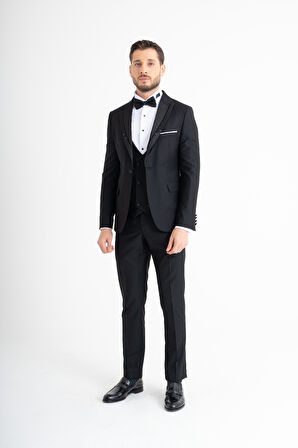 Slim Fit Yelekli Smokin - Siyah 48