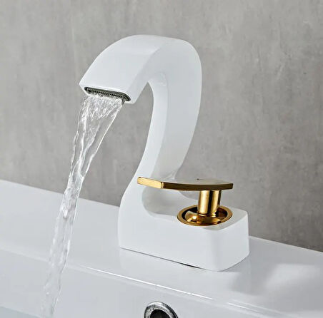 Beyaz Gold Şelale Banyo Lavabo Bataryası