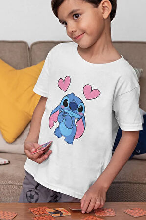 Stitch Kalp Baskılı Unisex Çizgi Film Çocuk Tişört (1-12 Yaş)