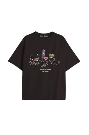 Kadın Çiçek  Özel Baskılı Renkli Oversize Penye Pamuklu Bisiklet Yaka T-Shirt