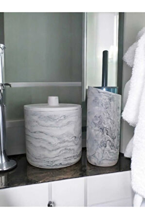 Mermer Desenli Beton Çöp Kovası Ve Wc Fırçalık Seti
