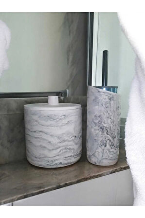 Mermer Desenli Beton Çöp Kovası Ve Wc Fırçalık Seti