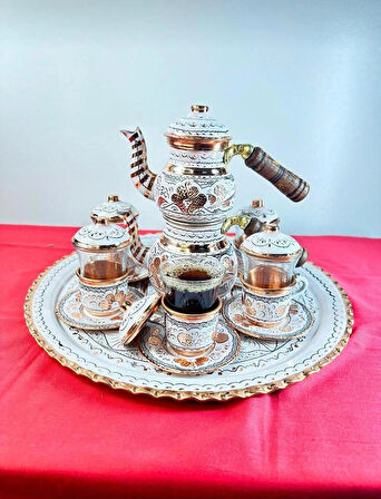 6lı bakır çay ve fincan takımı,yuvarlak tepsi,çaydanlık küçük