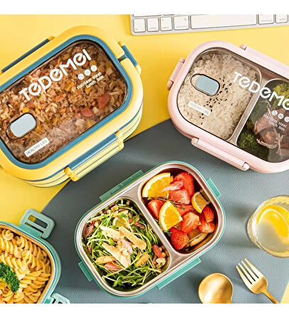 2 Katlı Bölmeli Paslanmaz Çelik Saklama Kabı Sızdırmayan Beslenme Kabı 1650 ml - Yeşil/Sarı