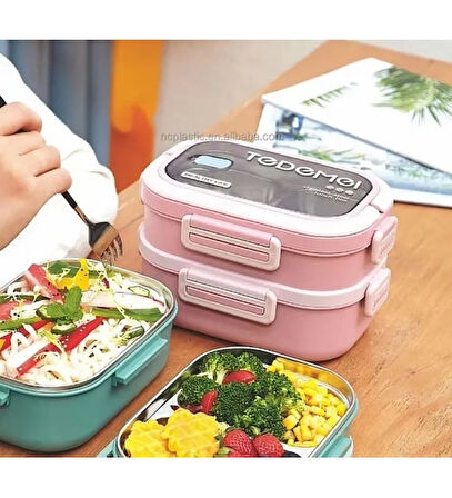 2 Katlı Bölmeli Paslanmaz Çelik Saklama Kabı Sızdırmayan Beslenme Kabı 1650 ml - Yeşil/Sarı