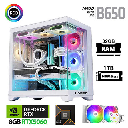 Xaser Lexus x600 Ryzen 7 9700X 32GB Ram 1TB M.2 NVMe SSD 8GB RTX5060 Sıvı Soğutmalı Beyaz Oyuncu Bilgisayarı